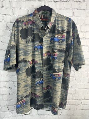Vintage 90s Jos A Bank Jeep Print Shirt L Tropical Resort Button Down Cotton
